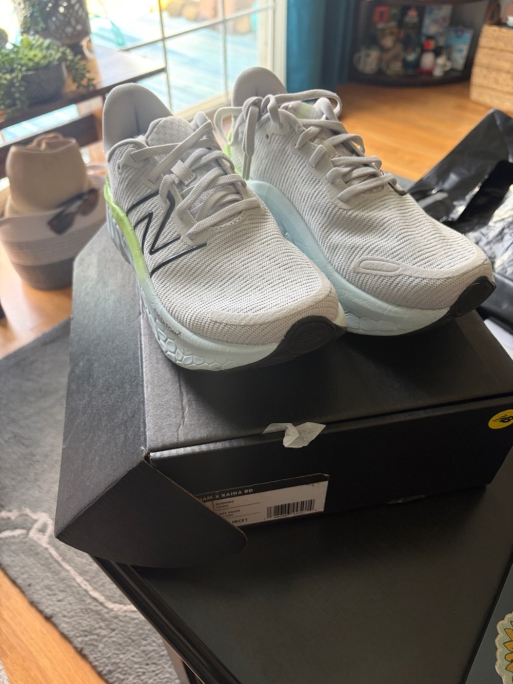 New Balance Light Gray & Neon Green Knit Running Sneakers